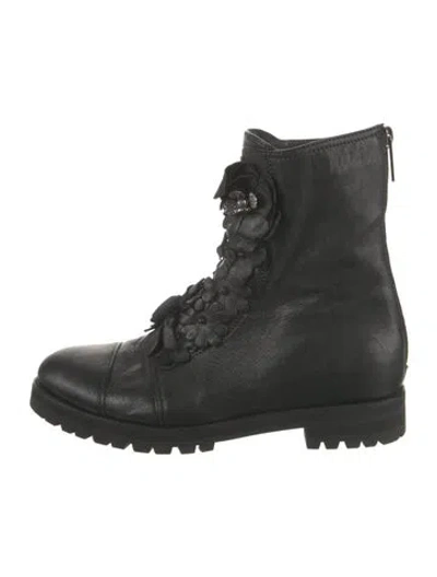 Pre-owned Jimmy Choo Leather Crystal Embellishments Combat Boots In Black