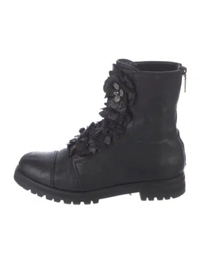 Pre-owned Jimmy Choo Leather Crystal Embellishments Combat Boots In Black