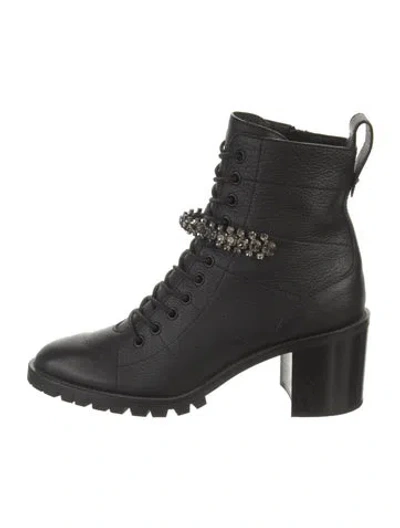 Pre-owned Jimmy Choo Leather Crystal Embellishments Combat Boots In Black