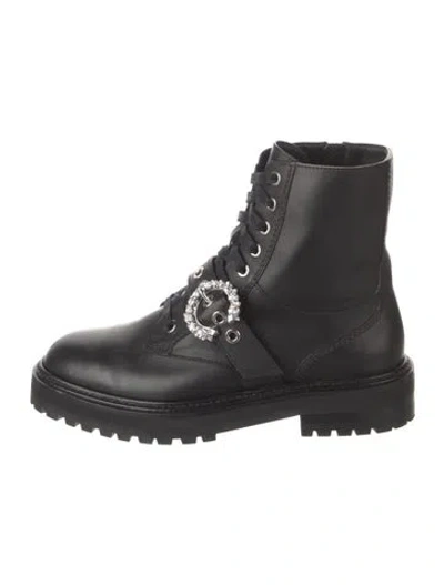 Pre-owned Jimmy Choo Leather Crystal Embellishments Combat Boots In Black
