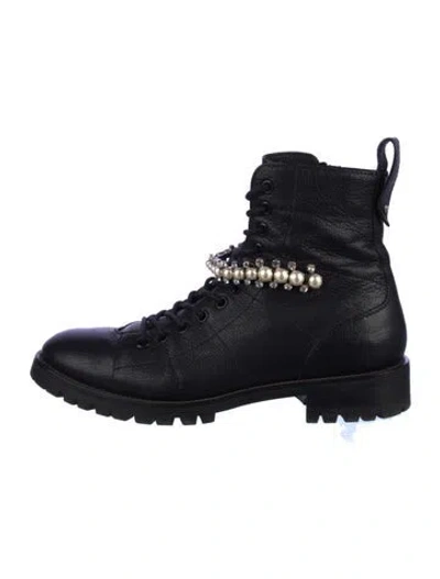 Pre-owned Jimmy Choo Leather Crystal Embellishments Combat Boots In Black