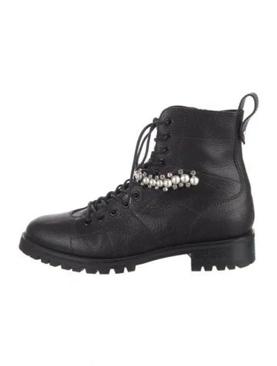 Pre-owned Jimmy Choo Leather Crystal Embellishments Combat Boots In Black