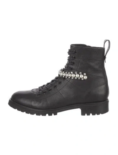 Pre-owned Jimmy Choo Leather Crystal Embellishments Combat Boots In Black