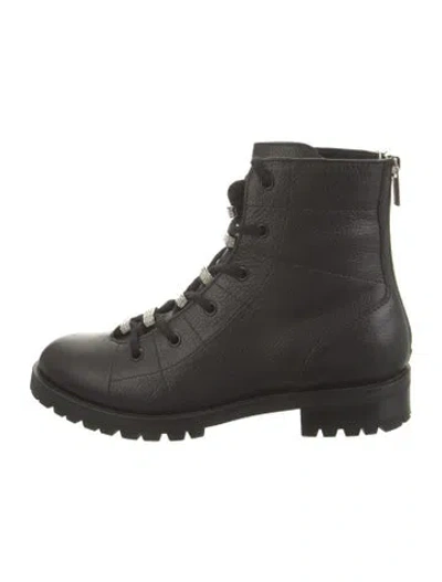 Pre-owned Jimmy Choo Leather Crystal Embellishments Combat Boots In Black