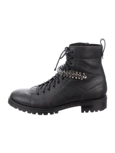 Pre-owned Jimmy Choo Leather Crystal Embellishments Combat Boots In Black
