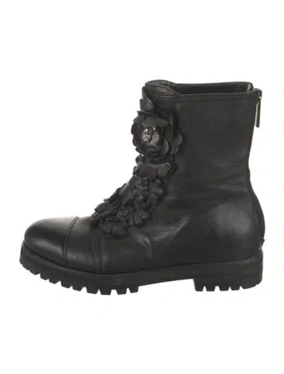 Pre-owned Jimmy Choo Leather Crystal Embellishments Combat Boots In Black