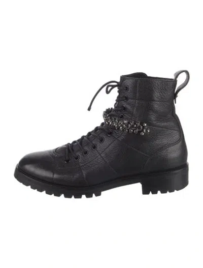 Pre-owned Jimmy Choo Leather Crystal Embellishments Combat Boots In Black