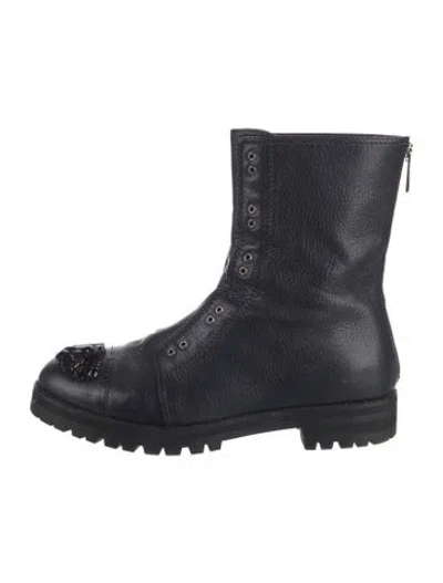 Pre-owned Jimmy Choo Leather Crystal Embellishments Combat Boots In Black