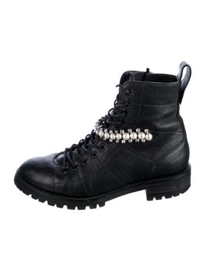 Pre-owned Jimmy Choo Leather Crystal Embellishments Combat Boots In Black