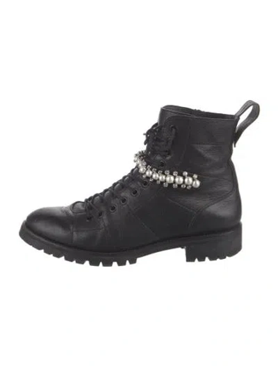 Pre-owned Jimmy Choo Leather Crystal Embellishments Combat Boots In Black