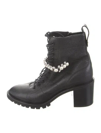 Pre-owned Jimmy Choo Leather Crystal Embellishments Combat Boots In Black
