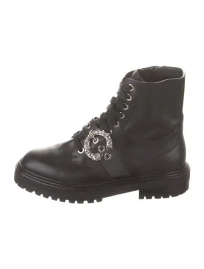 Pre-owned Jimmy Choo Leather Crystal Embellishments Combat Boots In Black