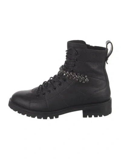 Pre-owned Jimmy Choo Leather Crystal Embellishments Combat Boots In Black