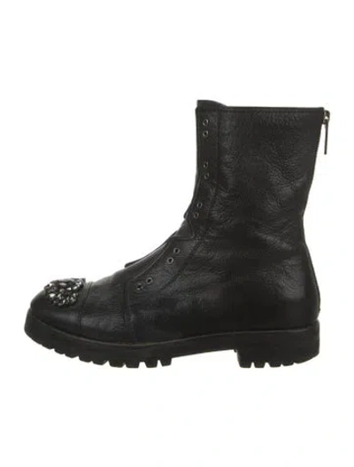 Pre-owned Jimmy Choo Leather Crystal Embellishments Combat Boots In Black
