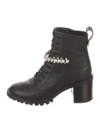 Pre-owned Jimmy Choo Leather Crystal Embellishments Combat Boots In Black