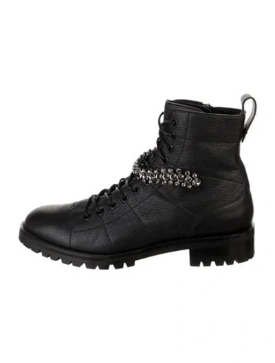 Pre-owned Jimmy Choo Leather Crystal Embellishments Combat Boots In Black