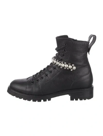 Pre-owned Jimmy Choo Leather Crystal Embellishments Combat Boots In Black