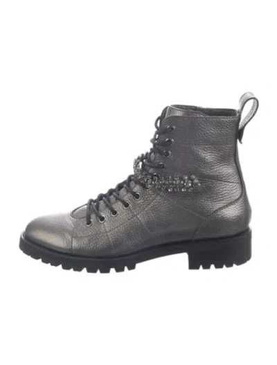 Pre-owned Jimmy Choo Leather Crystal Embellishments Combat Boots In Blue