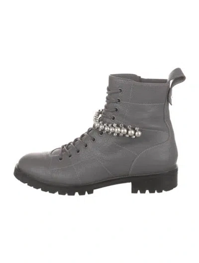 Pre-owned Jimmy Choo Leather Crystal Embellishments Combat Boots In Gray