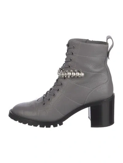 Pre-owned Jimmy Choo Leather Crystal Embellishments Combat Boots In Gray