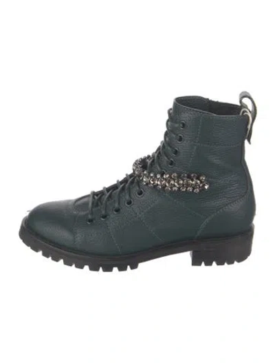Pre-owned Jimmy Choo Leather Crystal Embellishments Combat Boots In Green