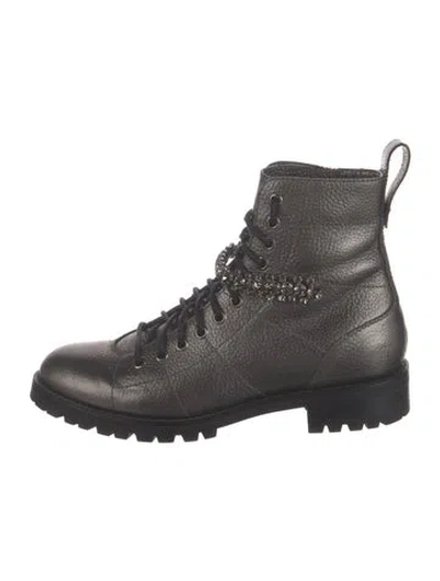 Pre-owned Jimmy Choo Leather Crystal Embellishments Combat Boots In Grey