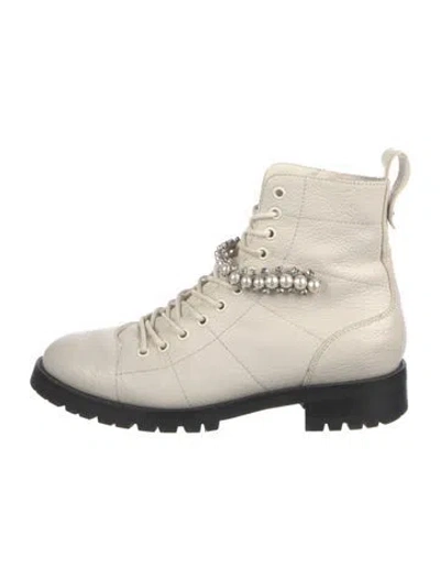 Pre-owned Jimmy Choo Leather Crystal Embellishments Combat Boots In Neutral