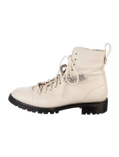 Pre-owned Jimmy Choo Leather Crystal Embellishments Combat Boots In Neutral