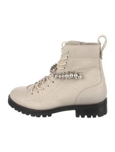 Pre-owned Jimmy Choo Leather Crystal Embellishments Combat Boots In Neutral