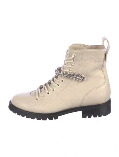 Pre-owned Jimmy Choo Leather Crystal Embellishments Combat Boots In Neutral