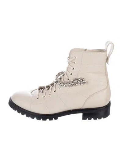 Pre-owned Jimmy Choo Leather Crystal Embellishments Combat Boots In Neutral