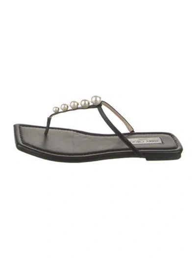 Pre-owned Jimmy Choo Leather Crystal Embellishments Flip Flops In Black