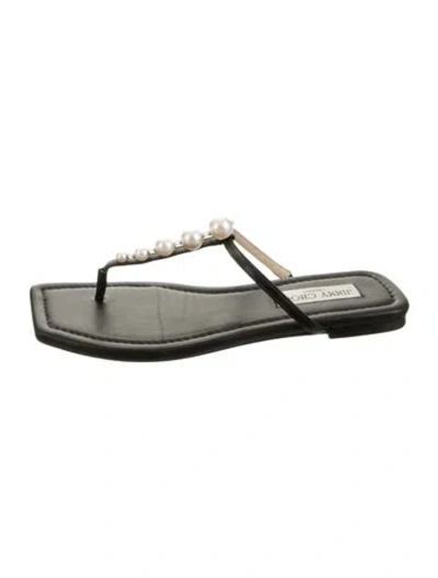 Pre-owned Jimmy Choo Leather Crystal Embellishments Flip Flops In Black
