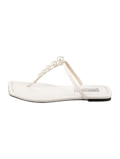 Pre-owned Jimmy Choo Leather Crystal Embellishments Flip Flops In White