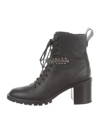 Pre-owned Jimmy Choo Leather Crystal Embellishments Lace-up Boots In Black