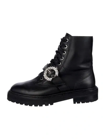 Pre-owned Jimmy Choo Leather Crystal Embellishments Lace-up Boots In Black