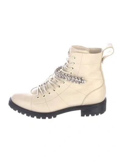 Pre-owned Jimmy Choo Leather Crystal Embellishments Lace-up Boots In White