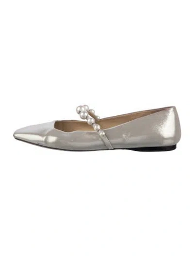 Pre-owned Jimmy Choo Leather Crystal Embellishments Mary Jane Flats In Neutral