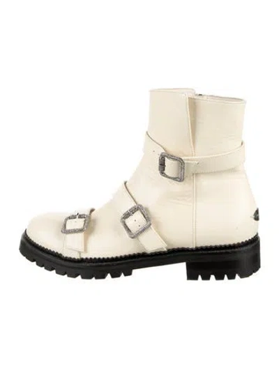 Pre-owned Jimmy Choo Leather Crystal Embellishments Moto Boots In White