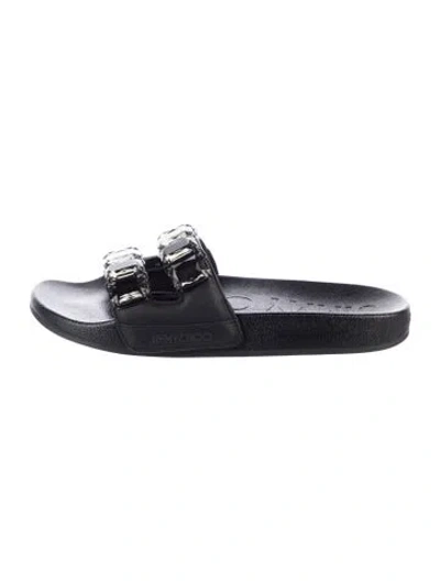 Pre-owned Jimmy Choo Leather Crystal Embellishments Slides In Black