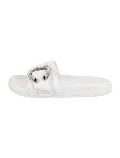 Pre-owned Jimmy Choo Leather Crystal Embellishments Slides In White