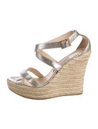 Pre-owned Jimmy Choo Leather Cutout Accent Espadrilles In Metallic/silver