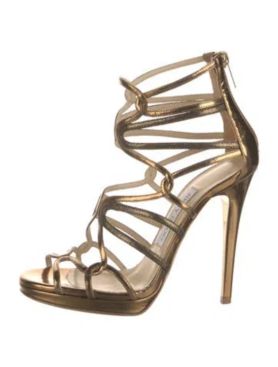 Pre-owned Jimmy Choo Leather Cutout Accent Gladiator Sandals In Gold/metallic