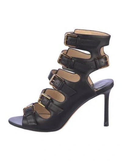 Pre-owned Jimmy Choo Leather Cutout Accent Slides In Black