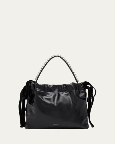 Jimmy Choo Leather Drawstring Mini Shoulder Bag With Crystal-embellished Handle In Black
