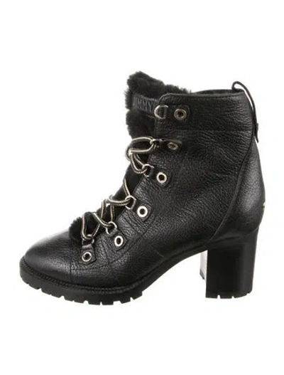 Pre-owned Jimmy Choo Leather Faux Fur Trim Lace-up Boots In Black