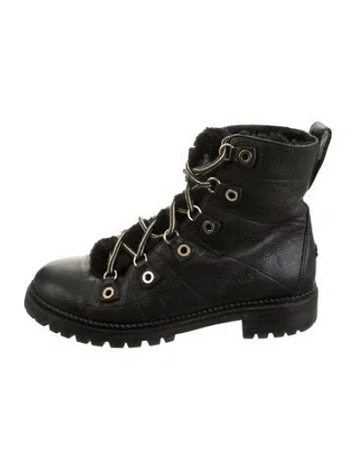 Pre-owned Jimmy Choo Leather Faux Fur Trim Lace-up Boots In Black