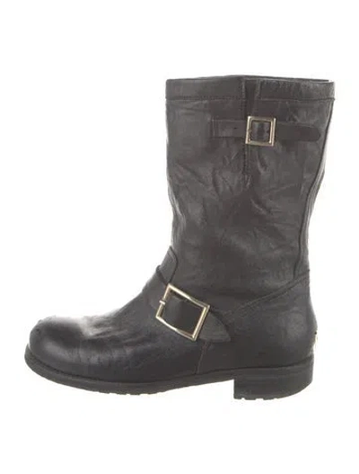 Pre-owned Jimmy Choo Leather Faux Fur Trim Moto Boots In Black
