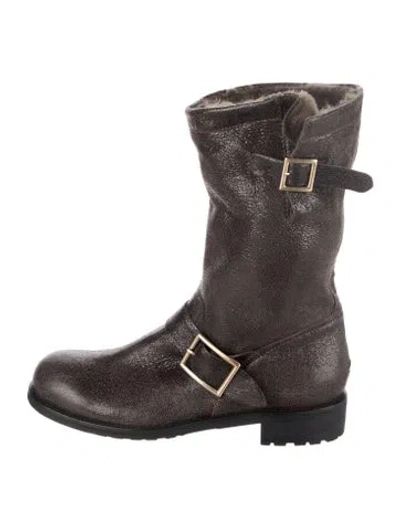 Pre-owned Jimmy Choo Leather Faux Fur Trim Moto Boots In Brown