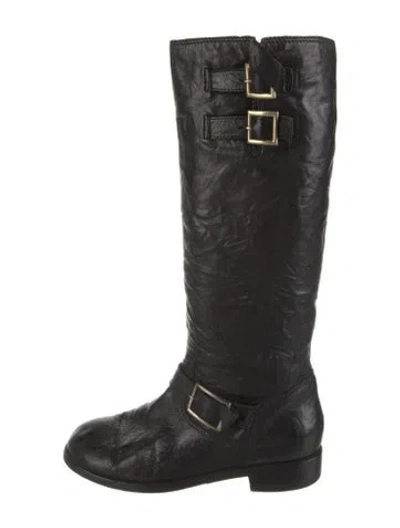Pre-owned Jimmy Choo Leather Faux Fur Trim Riding Boots In Black